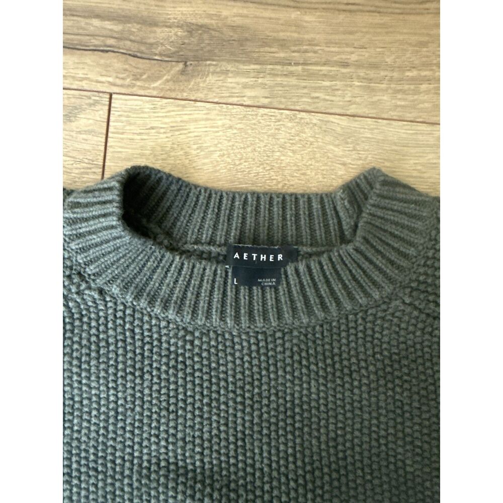 AETHER L cotton green shaker-stitch fisherman rib waffle knit crewneck sweater - Picture 4 of 7
